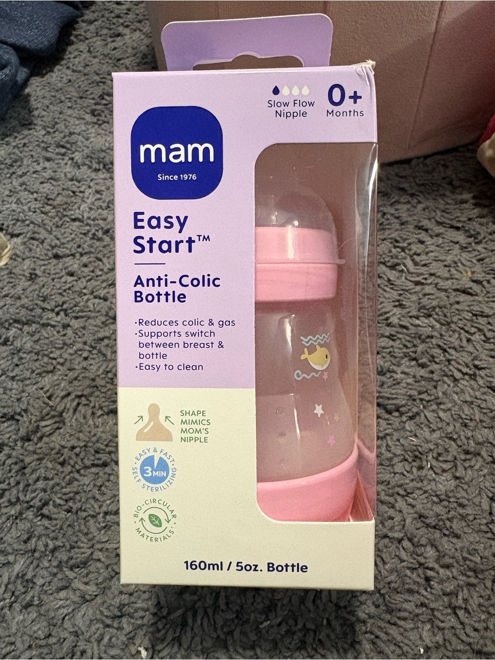 NWT Mam Pink Easy Start Anti-Colic Bottle - Slow Glow Nipple - 0+ months